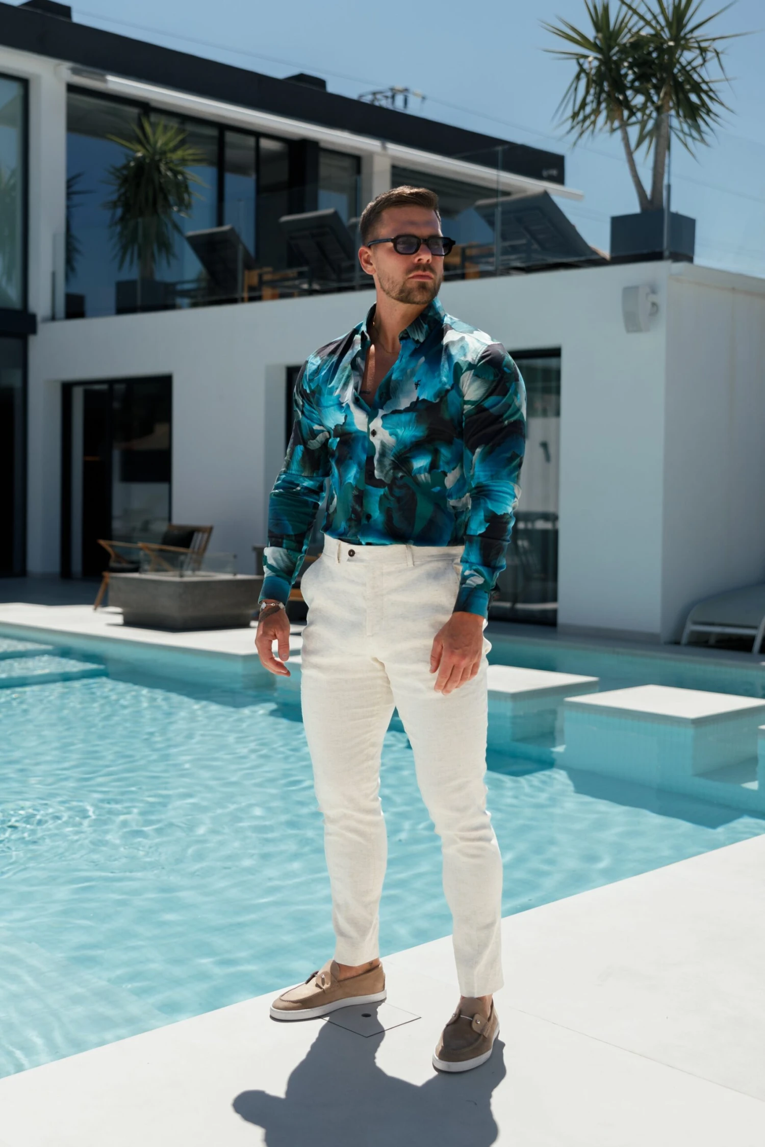 Classic Stretch LS Blue / Green Marine Print Button Down Collar - FS1109 - Image 11