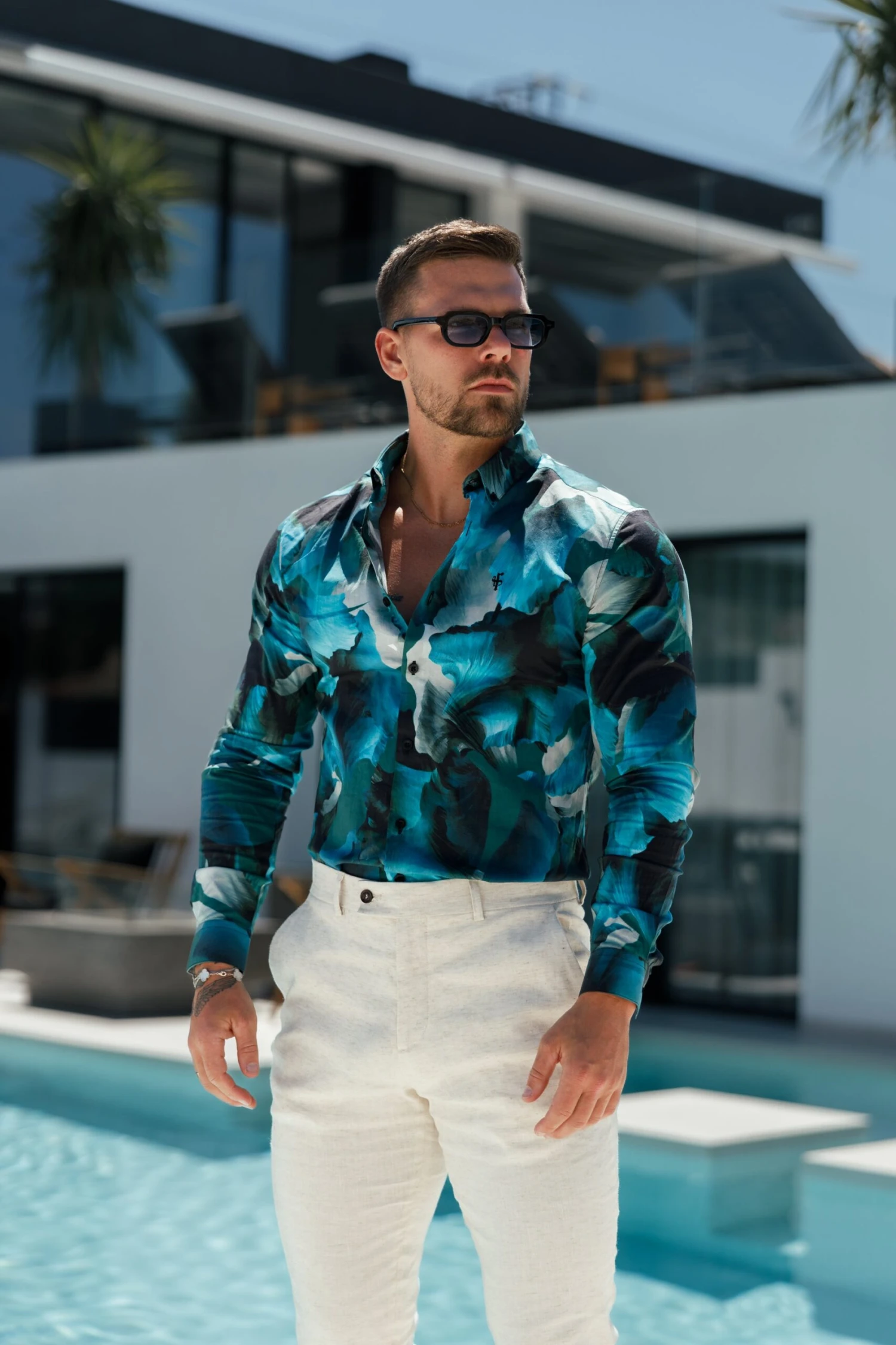 Classic Stretch LS Blue / Green Marine Print Button Down Collar - FS1109 - Image 5