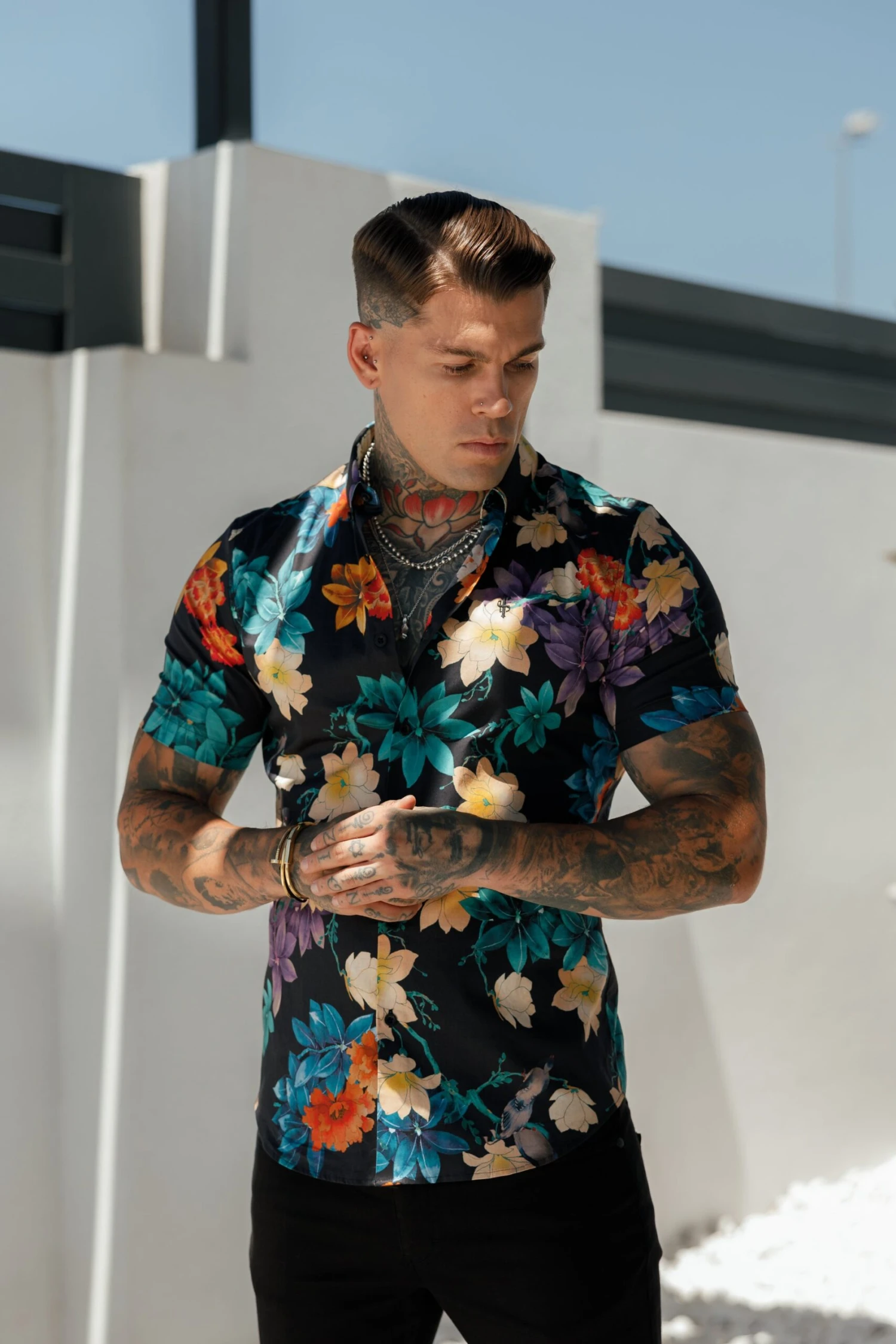 Classic Stretch SS Black Vibrant Floral Print Button Down Collar - FS1104 - Image 4