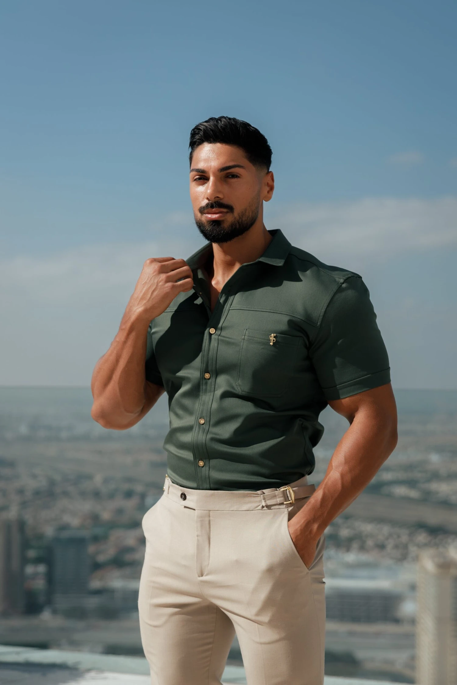 Father Sons Super Slim Stretch Khaki Denim Short Sleeve With Horizontal Seam And Pocket- FS958 - Image 12