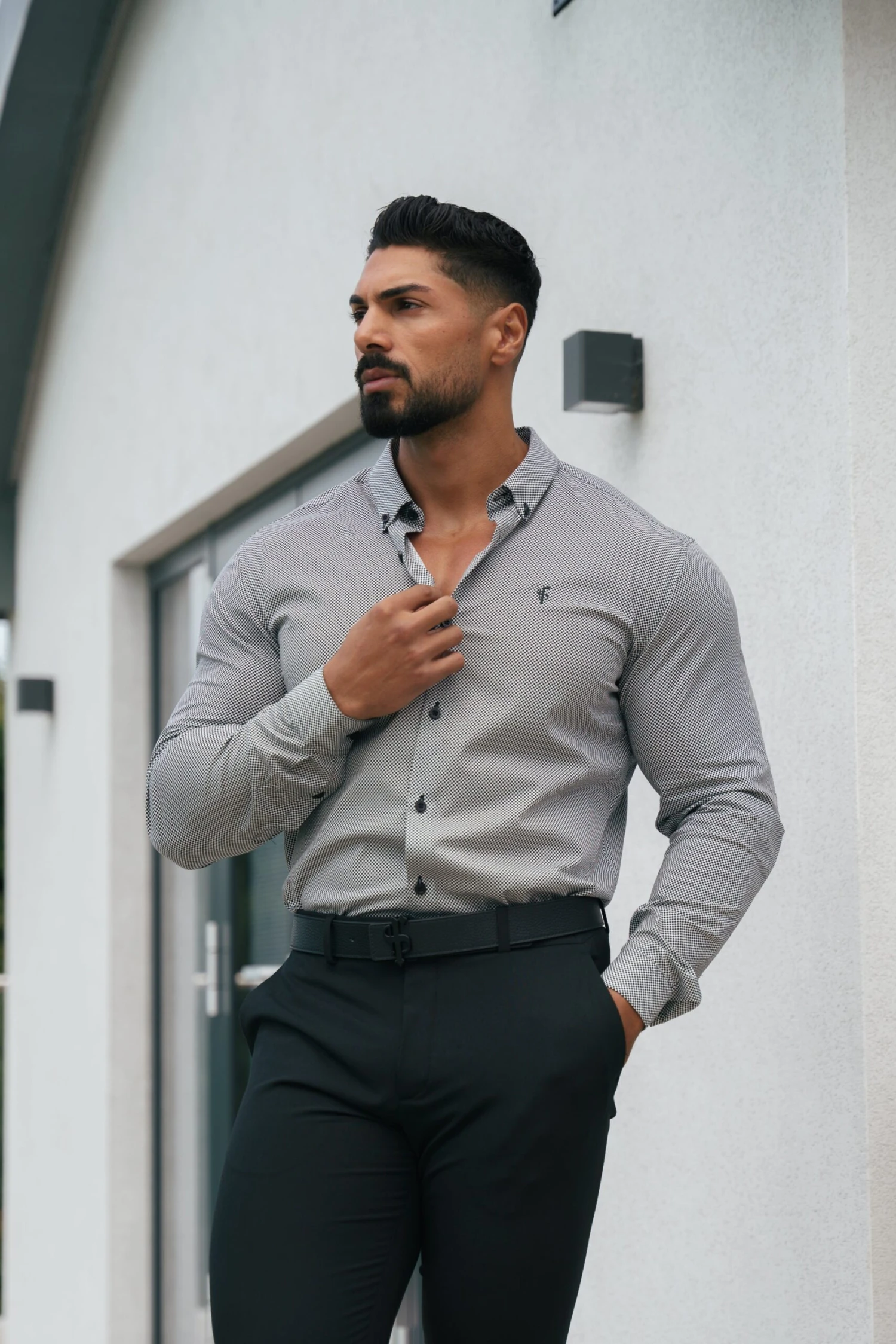 Classic Stretch LS Black Optical Spot Print Button Down Collar - FS1107 - Image 3