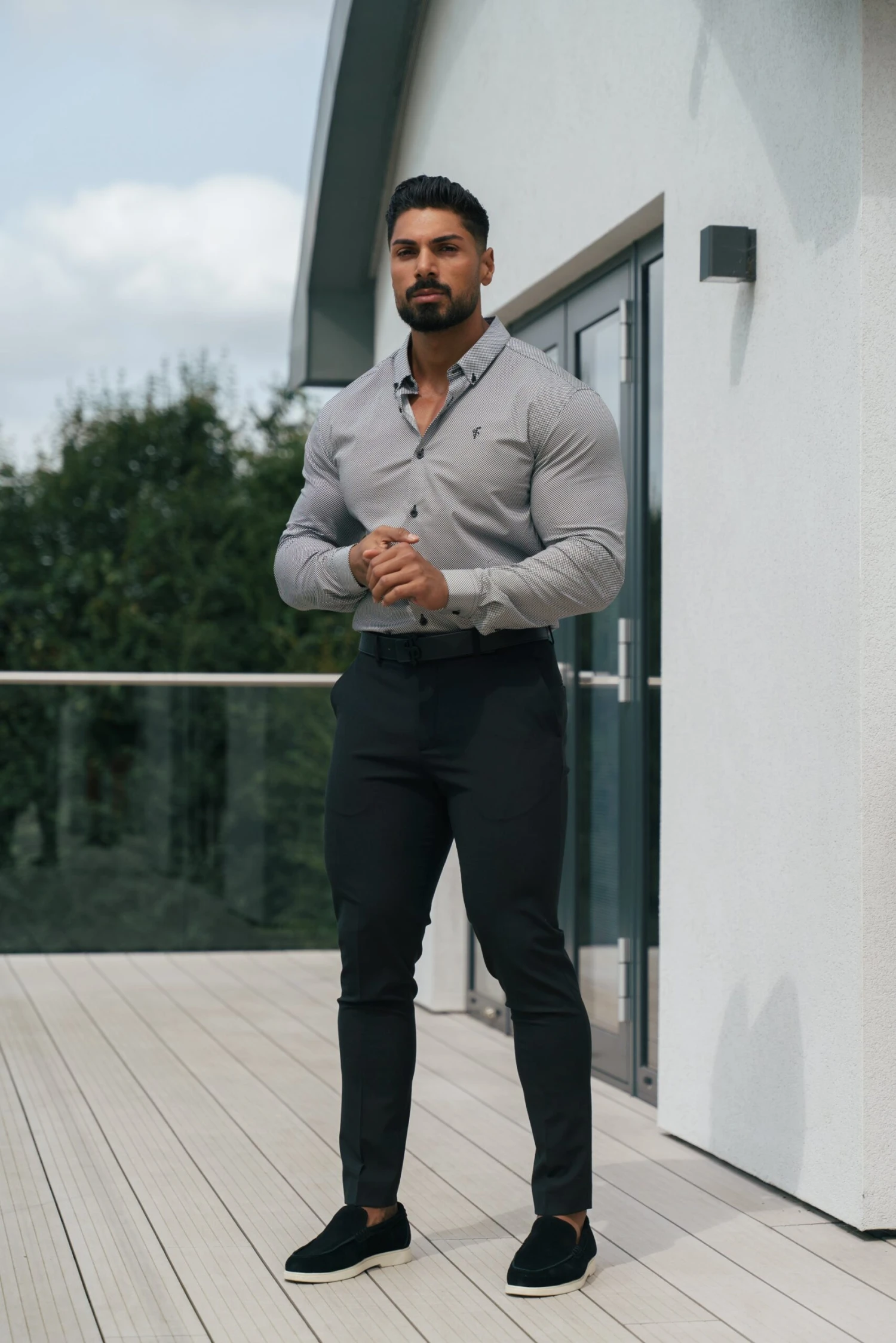 Classic Stretch LS Black Optical Spot Print Button Down Collar - FS1107 - Image 5