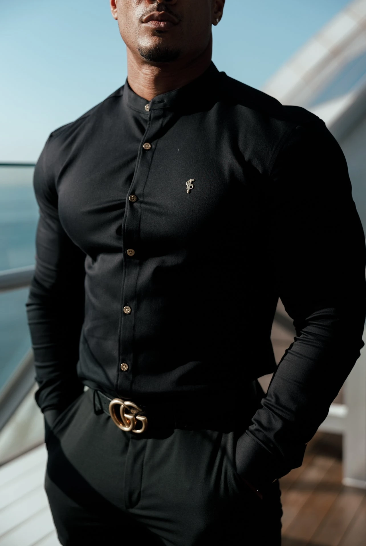 Father Sons Super Slim Stretch Black Denim Long Sleeve Grandad Collar With Metal Buttons And Decal Emblem - FS707 - Image 4