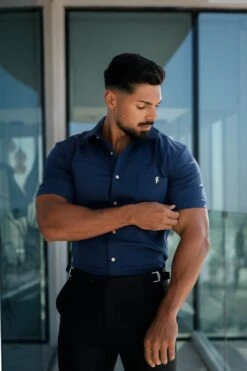 Father Sons Super Slim Stretch Navy Denim Short Sleeve With Horizontal Seam And Pocket- FS959