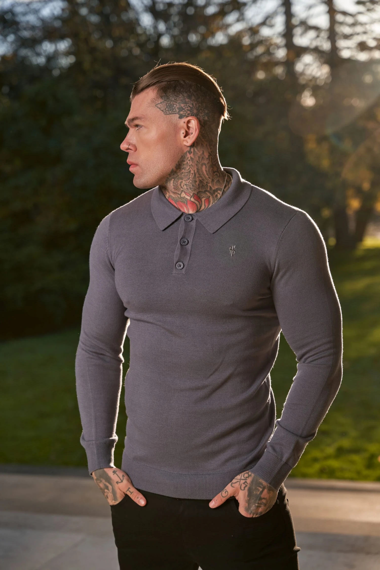 Father Sons Classic Gunmetal Knitted Polo Jumper Long Sleeve With Tonal FS Embroidery- FSN141 - Image 2