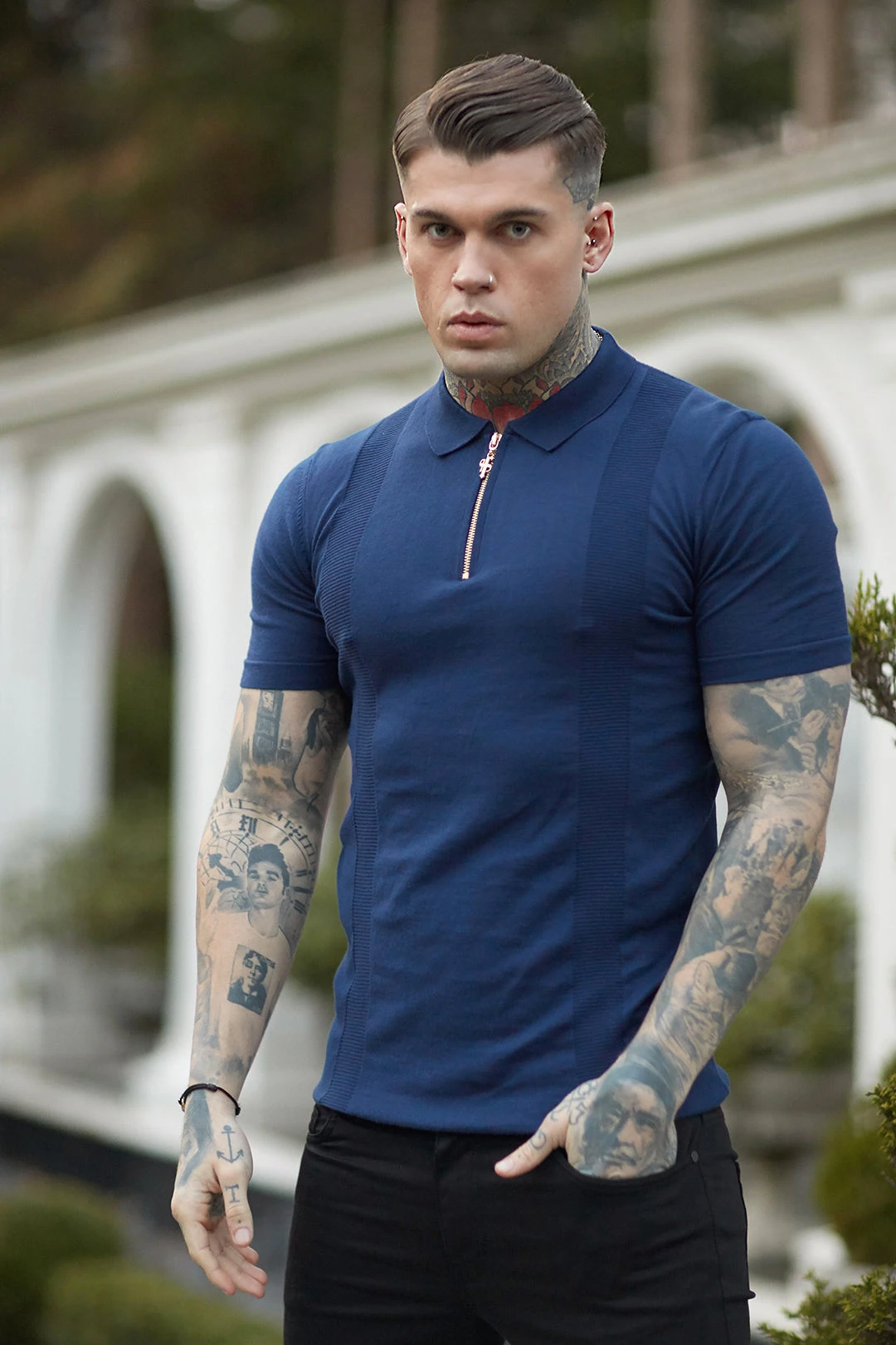 Father Sons Classic Navy And Gold Zip Knitted Short Sleeve Polo Shirt - FSH417 - Image 4