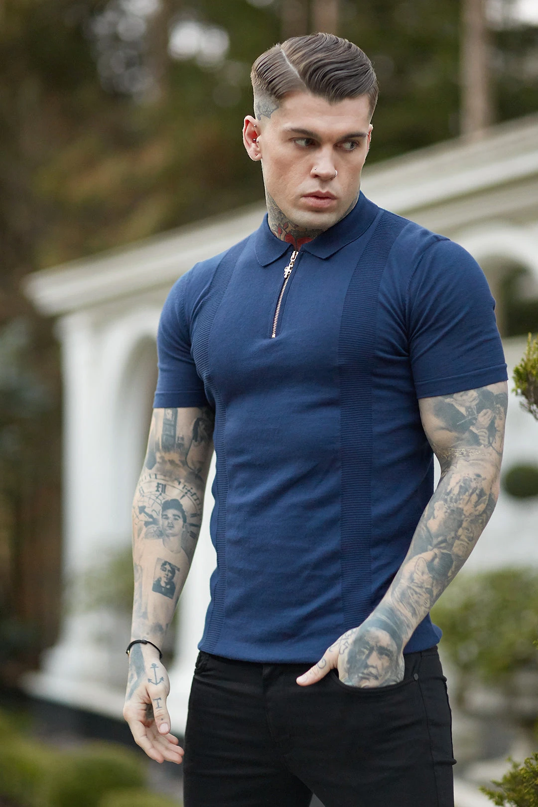 Father Sons Classic Navy And Gold Zip Knitted Short Sleeve Polo Shirt - FSH417 - Image 3