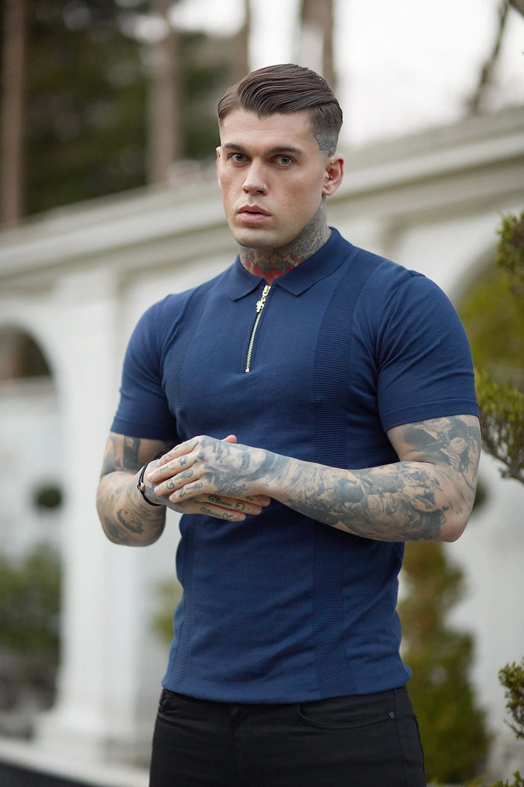 Father Sons Classic Navy And Gold Zip Knitted Short Sleeve Polo Shirt - FSH417 - Image 2