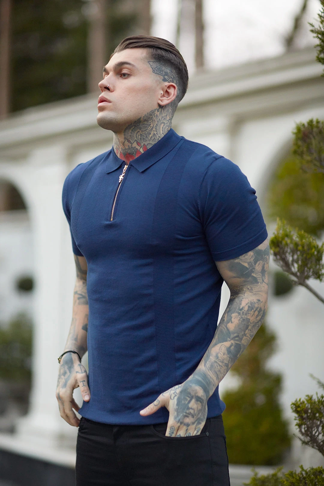 Father Sons Classic Navy And Gold Zip Knitted Short Sleeve Polo Shirt - FSH417 - Image 9