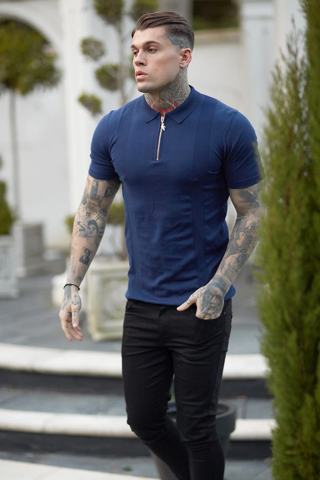 Father Sons Classic Navy And Gold Zip Knitted Short Sleeve Polo Shirt - FSH417 - Image 7