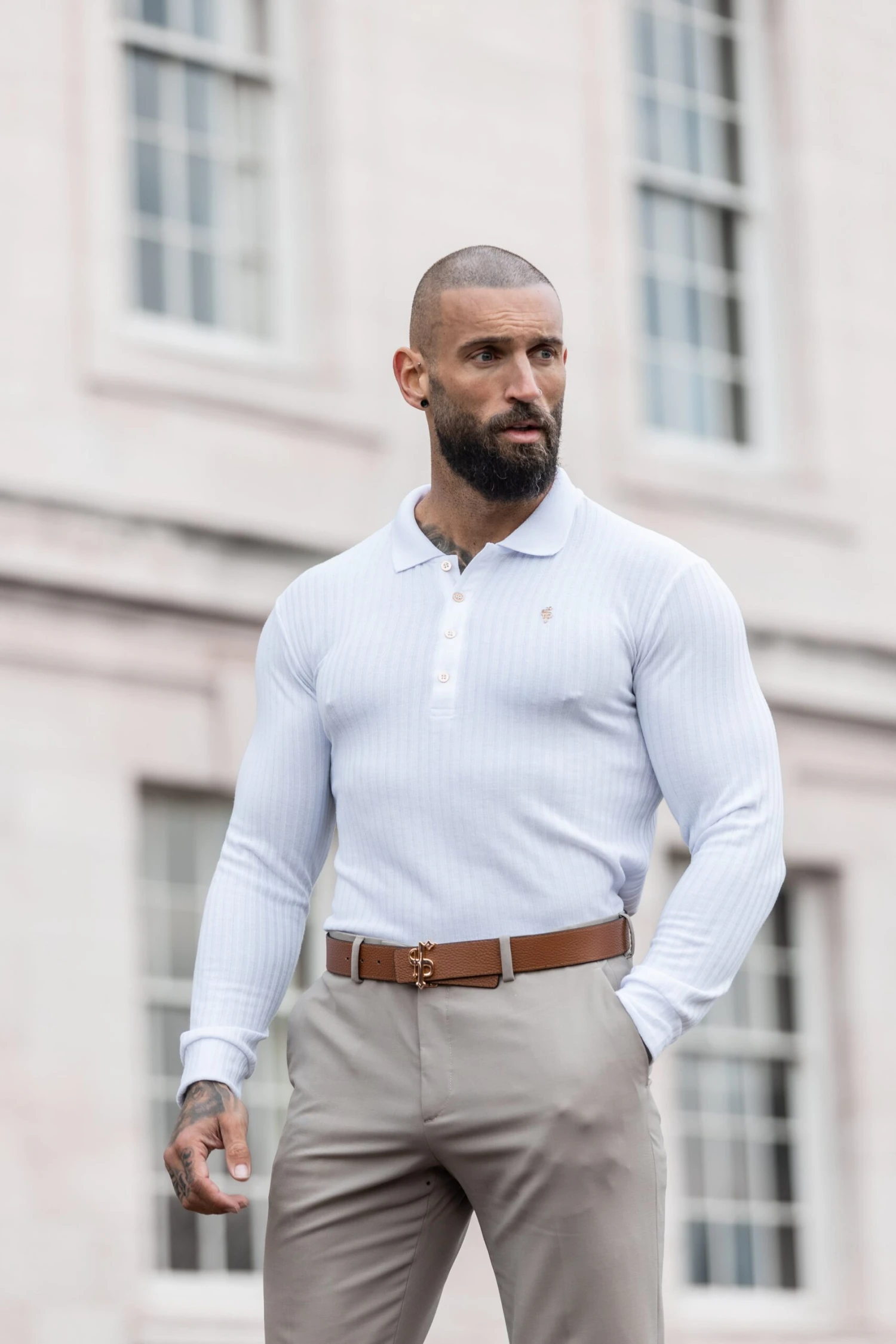 Father Sons Classic White Ribbed Polo Shirt Long Sleeve With Gold Decal - FSH975 - Image 5