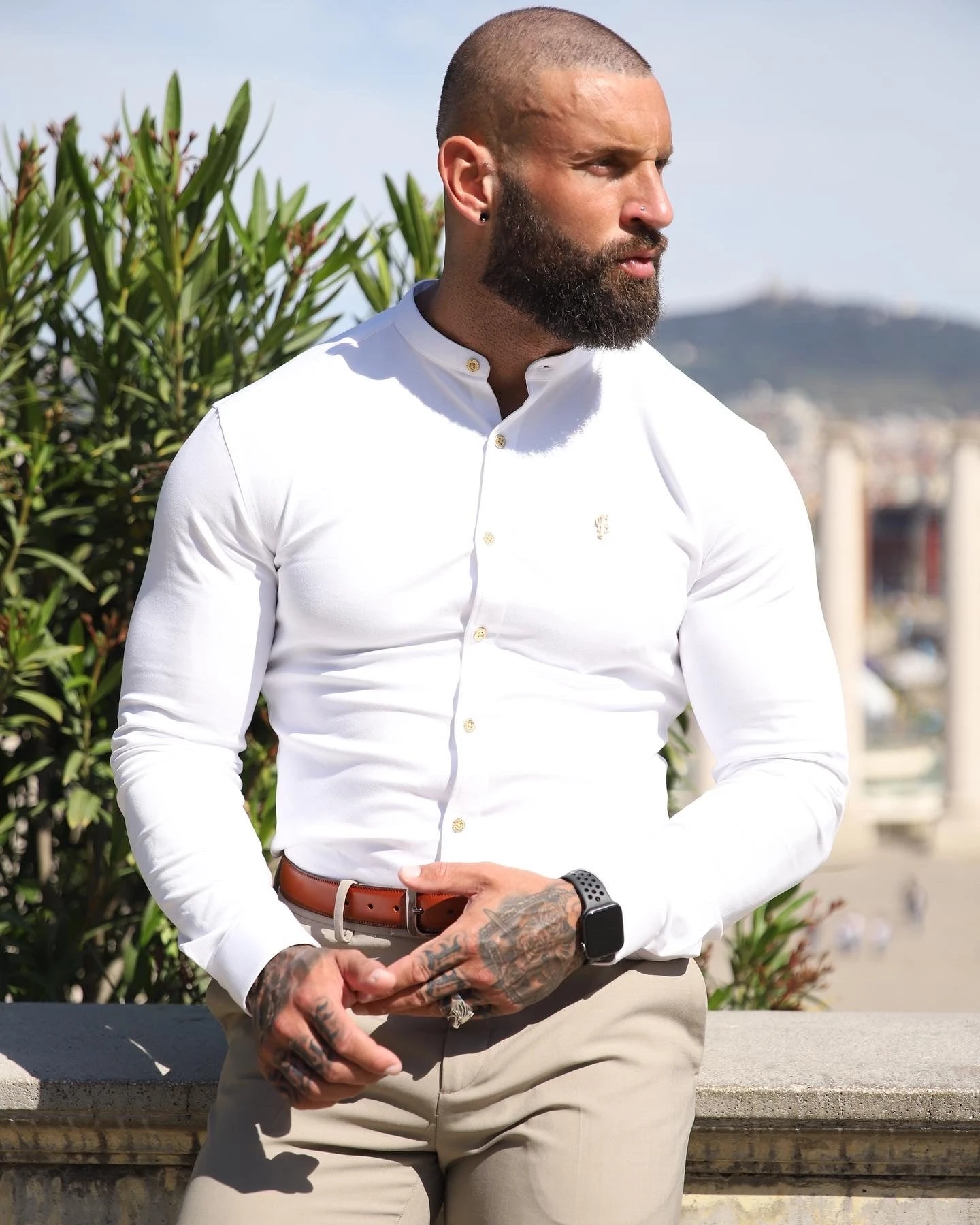 Father Sons Super Slim Stretch White Denim Long Sleeve Grandad Collar With Metal Buttons And Decal Emblem - FS719 - Image 4