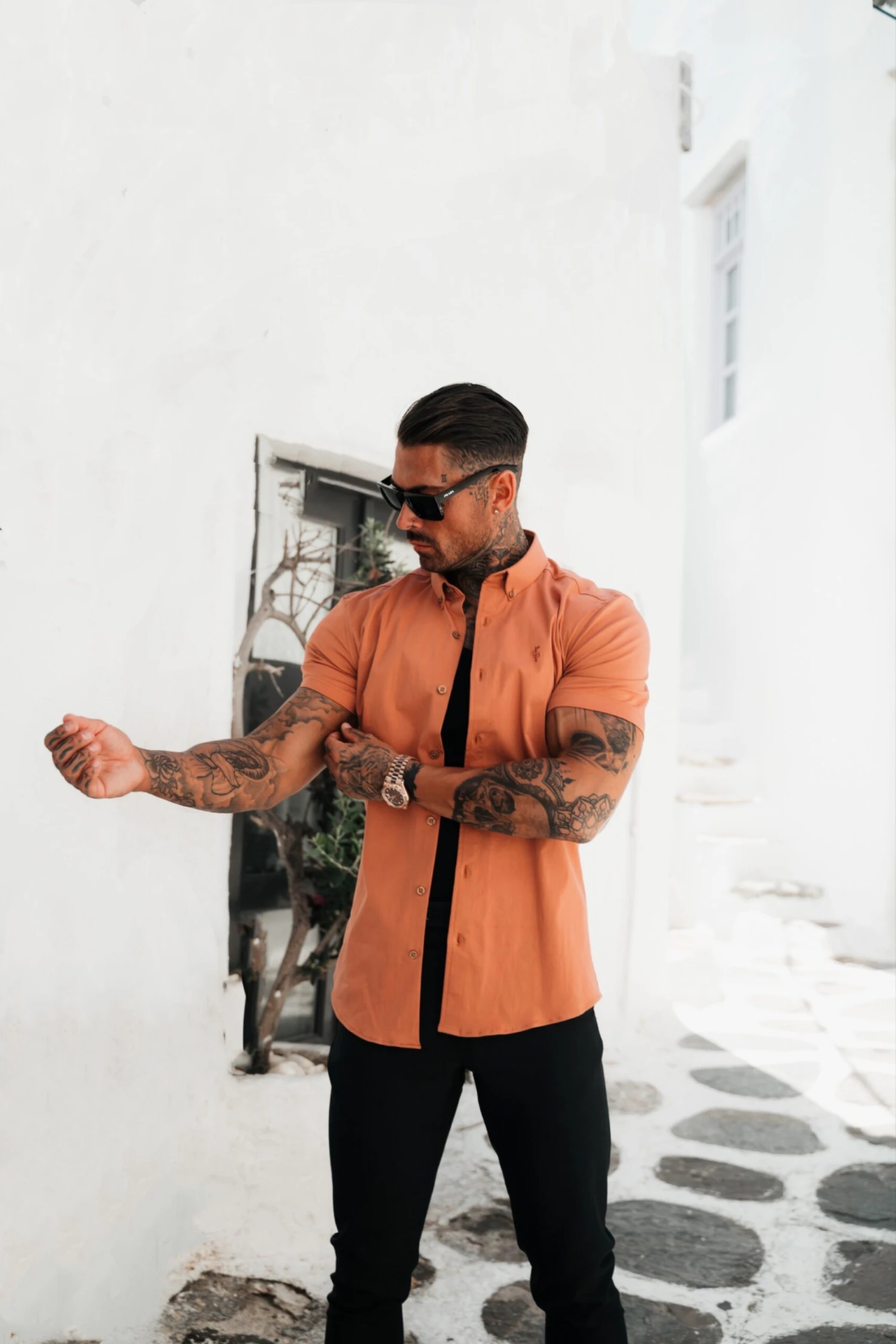 Father Sons Super Slim Stretch Plain Terracotta Short Sleeve With Button Down Collar - FS984 - Image 4