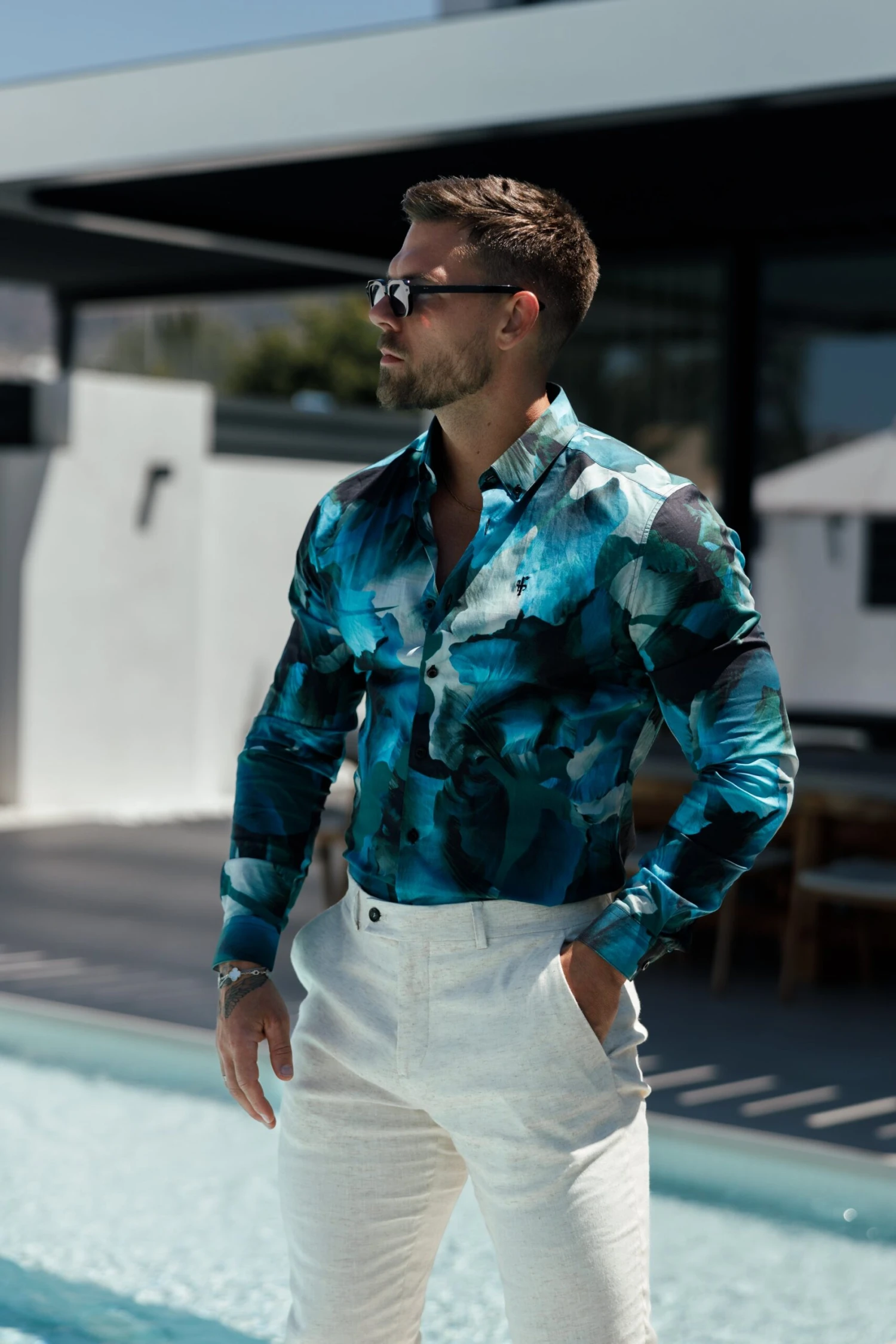 Classic Stretch LS Blue / Green Marine Print Button Down Collar - FS1109 - Image 8