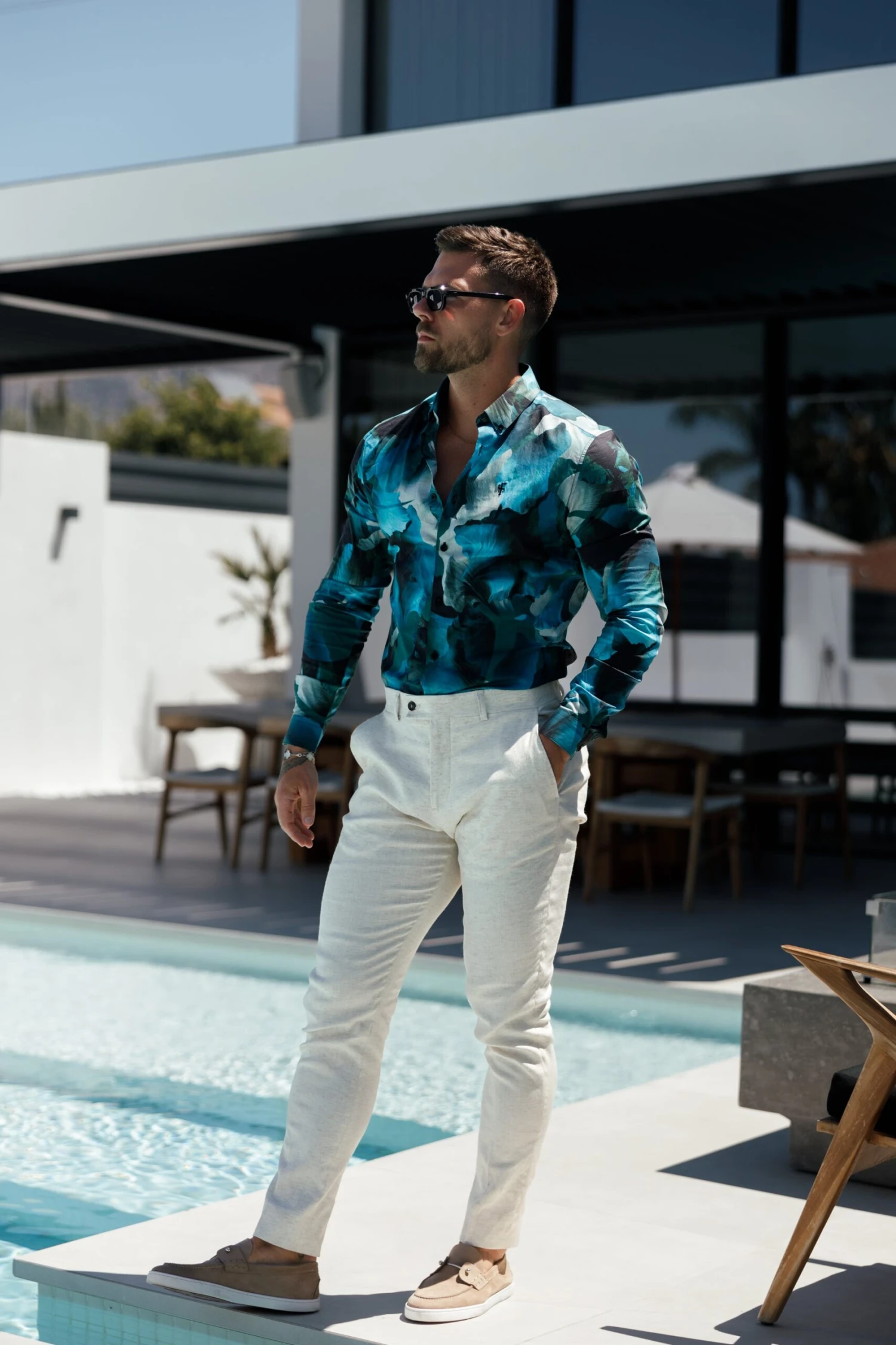 Classic Stretch LS Blue / Green Marine Print Button Down Collar - FS1109 - Image 7