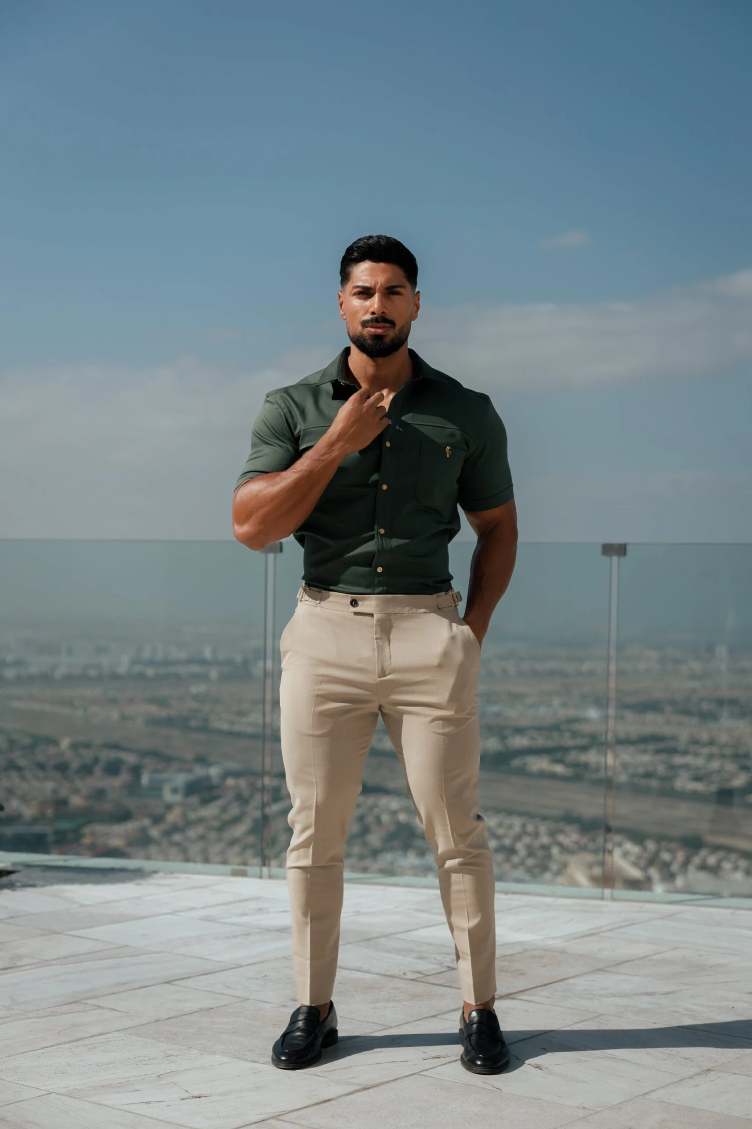 Father Sons Super Slim Stretch Khaki Denim Short Sleeve With Horizontal Seam And Pocket- FS958 - Image 6