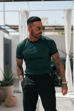 Father Sons Printed Forest Green / Black Check Fitted T Shirt - FSH1241