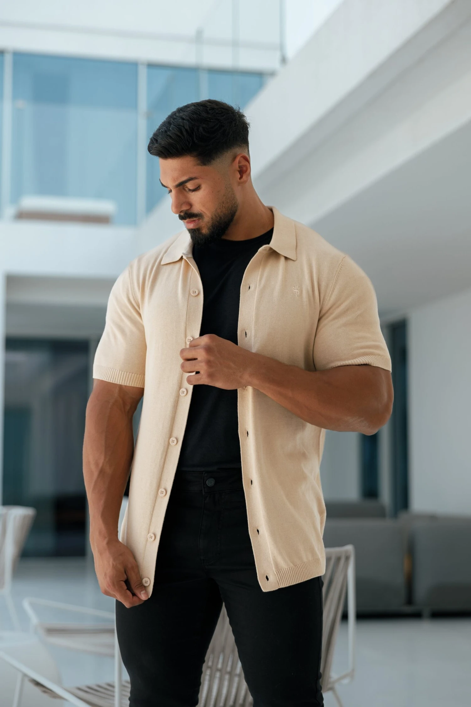 Father Sons Classic Plain Beige Knitted Button Through Polo Short Sleeve - FSN104 - Image 7