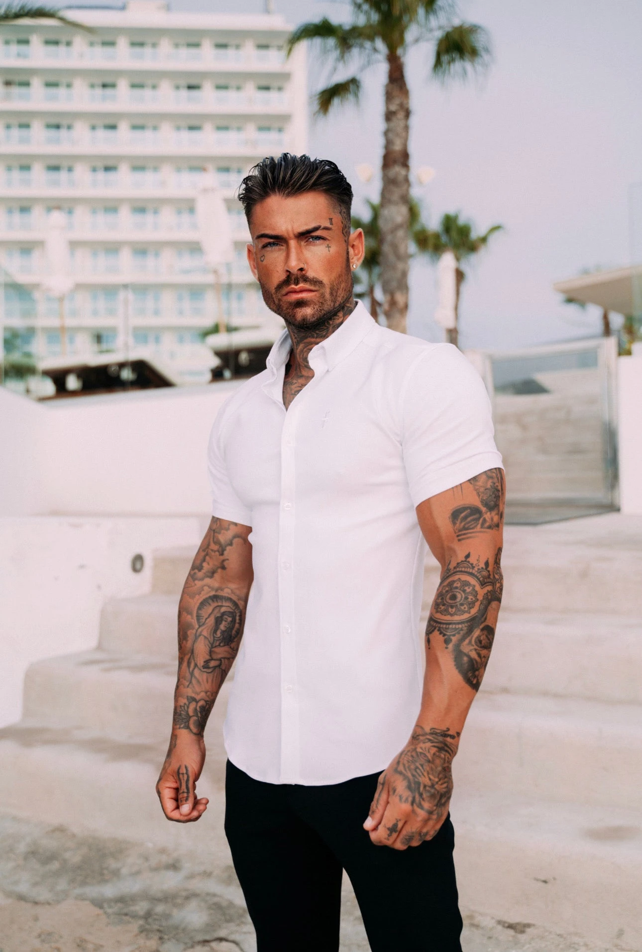 Father Sons Super Slim Stretch White Tonal Buttons And Embroidery Short Sleeve - FS889