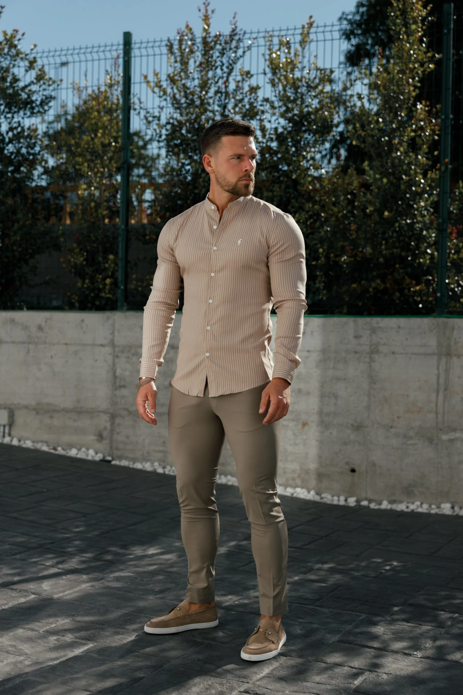 Father Sons Super Slim Stretch Taupe Printed Pinstripe Long Sleeve With Grandad Collar - FS1057 - Image 4