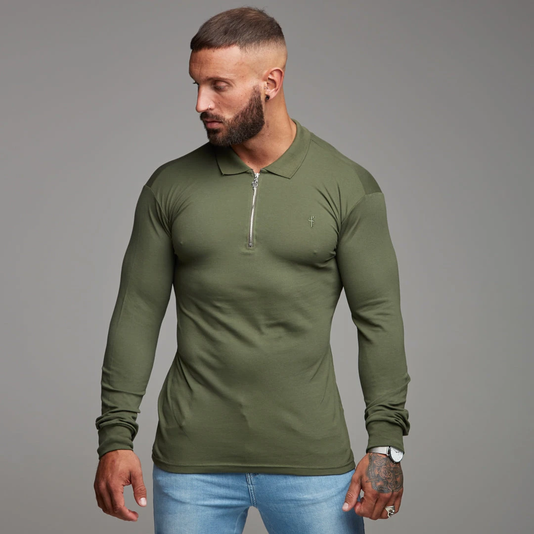 Father Sons Classic Khaki Zipped Polo Long Sleeve Shirt - FSH023 - Image 4