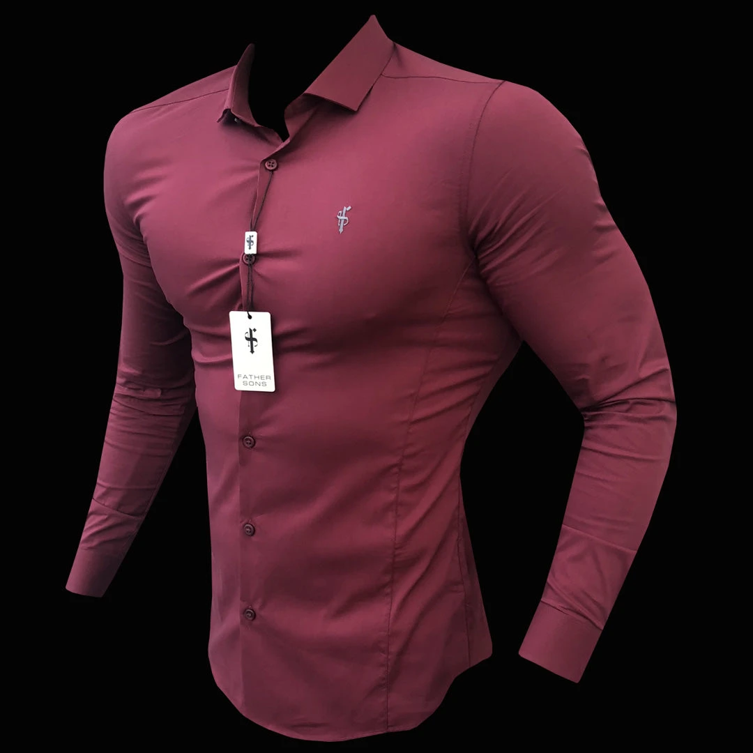 Father Sons Super Slim Stretch Classic Oxblood Panel Shirt (Grey Embroidery) - FS318 - Image 5