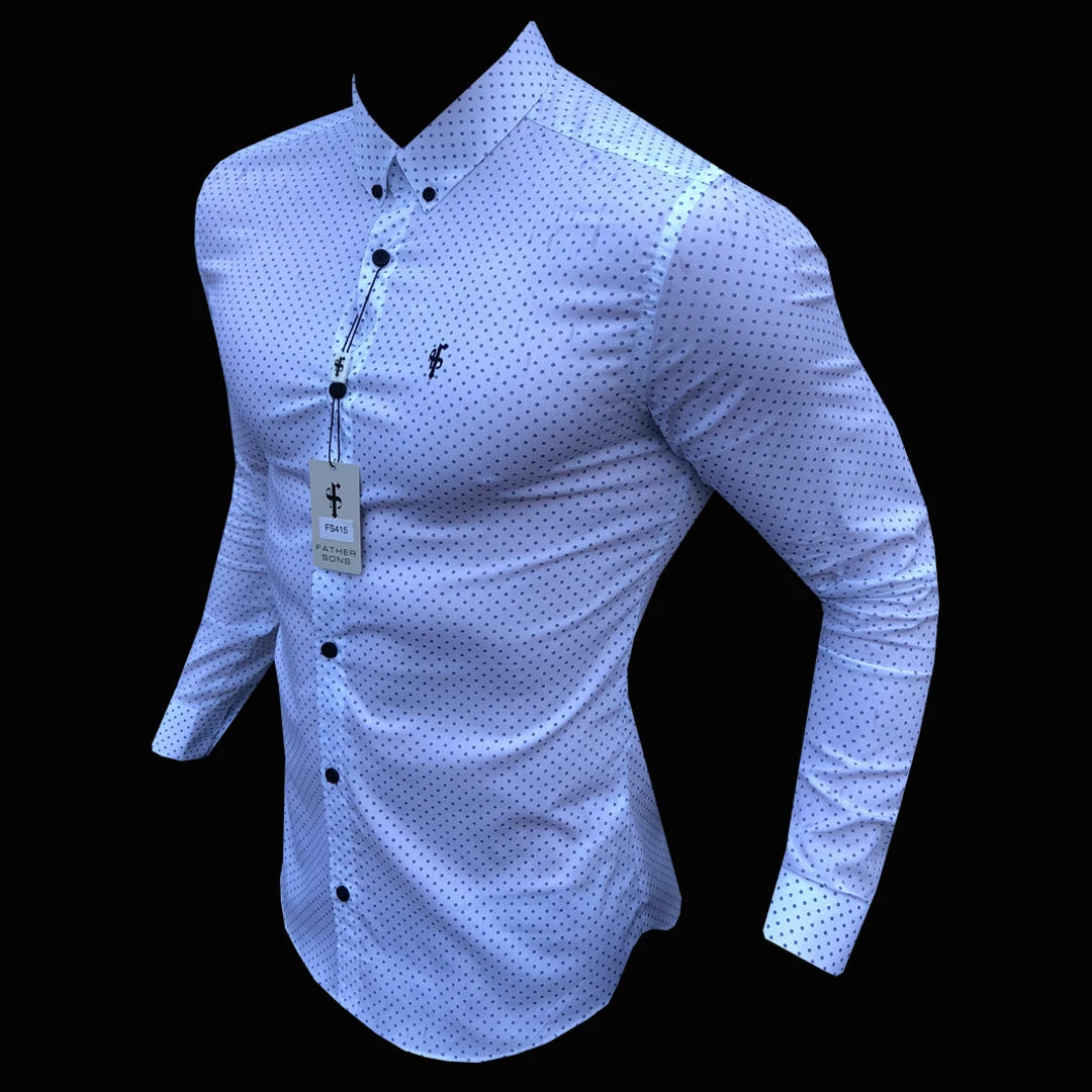 Father Sons Super Slim Stretch White & Navy Ditsy Print Long Sleeve FS415 - Image 7