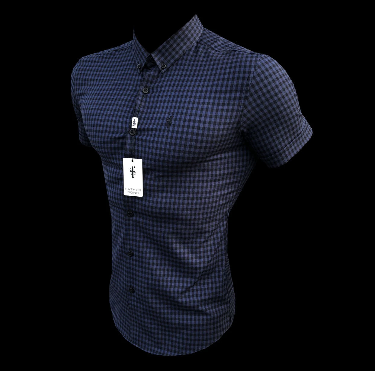 Father Sons Super Slim Ultra Stretch Blue & Black Check Short Sleeve - FS515 - Image 3