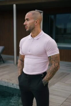 FS Classic Powder Pink Ribbed Zip Polo With Contrast Short Sleeve - FSH1105