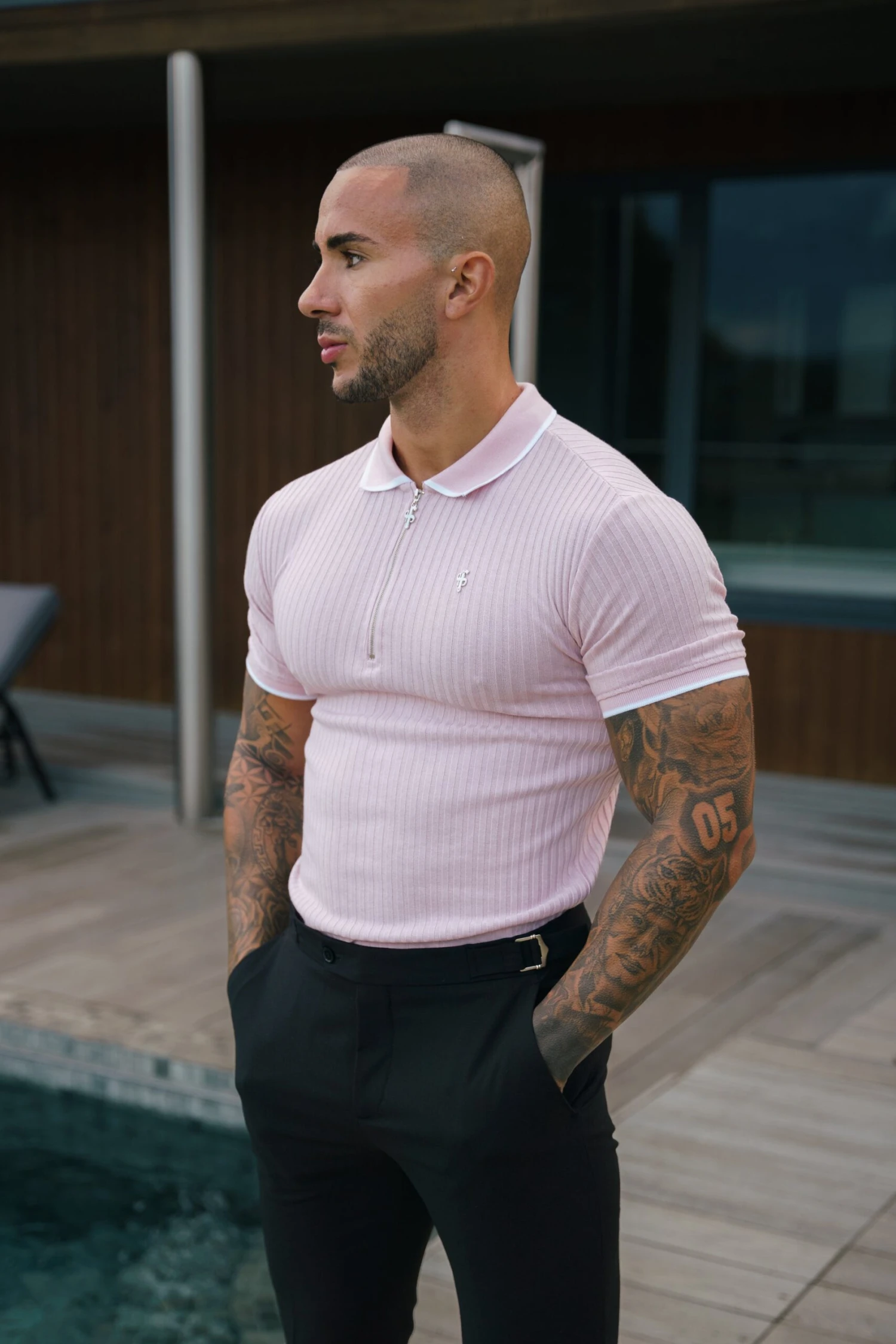 FS Classic Powder Pink Ribbed Zip Polo With Contrast Short Sleeve - FSH1105
