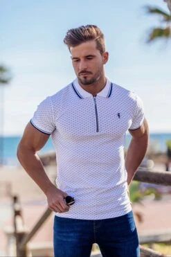 Father Sons Navy And White Printed Zip Polo Shirt - FSH381