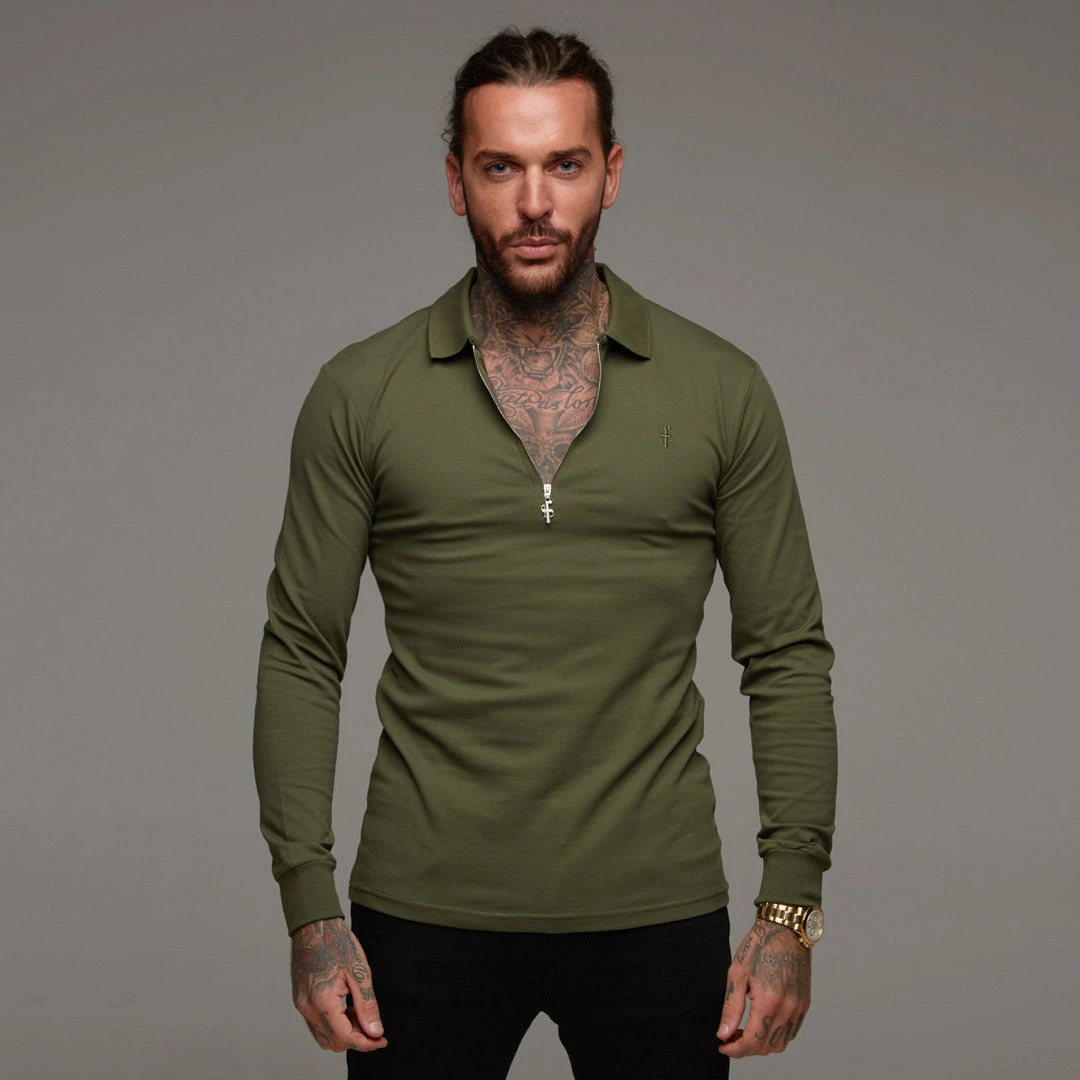 Father Sons Classic Khaki Zipped Polo Long Sleeve Shirt - FSH023 - Image 6