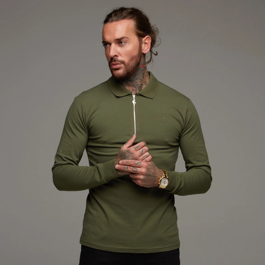 Father Sons Classic Khaki Zipped Polo Long Sleeve Shirt - FSH023 - Image 2