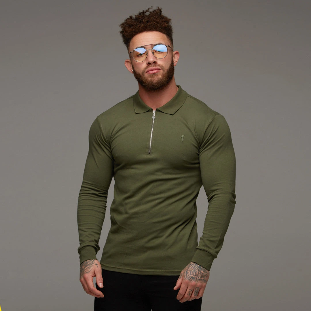 Father Sons Classic Khaki Zipped Polo Long Sleeve Shirt - FSH023 - Image 7