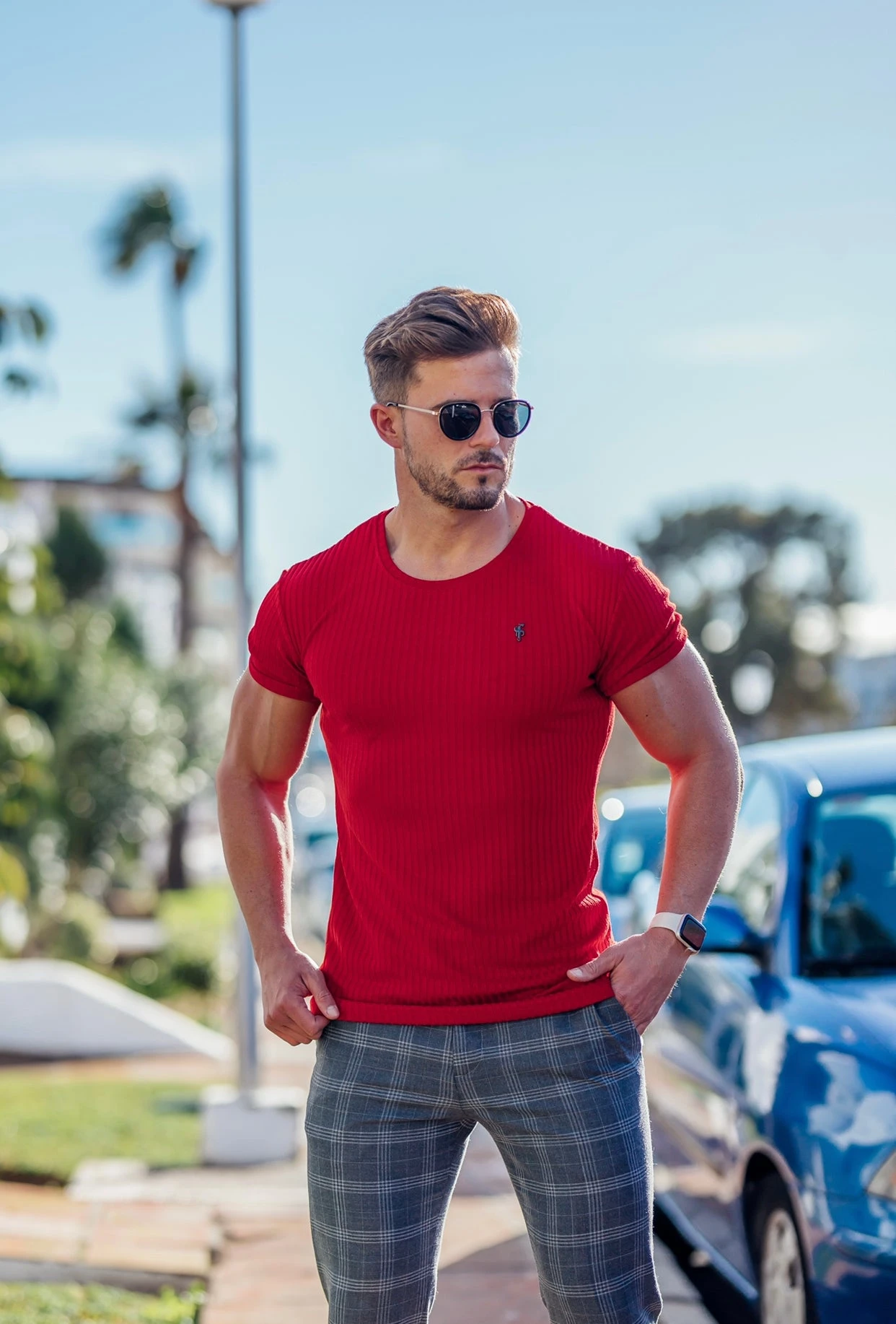 Father Sons Classic Red Ribbed Knit Super Slim Short Sleeve Crew With Black Decal - FSH614 - Image 4