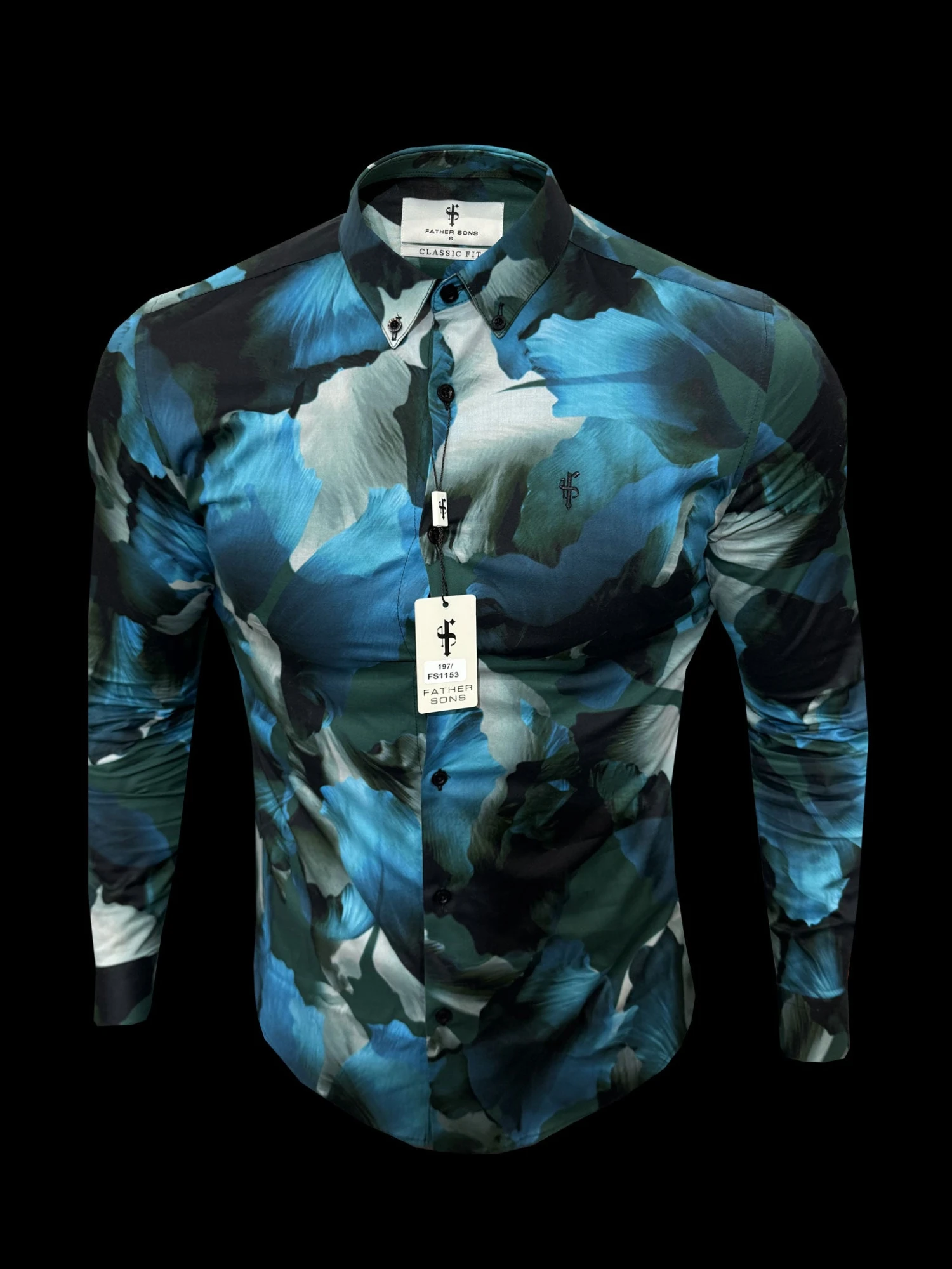 Classic Stretch LS Blue / Green Marine Print Button Down Collar - FS1109 - Image 4