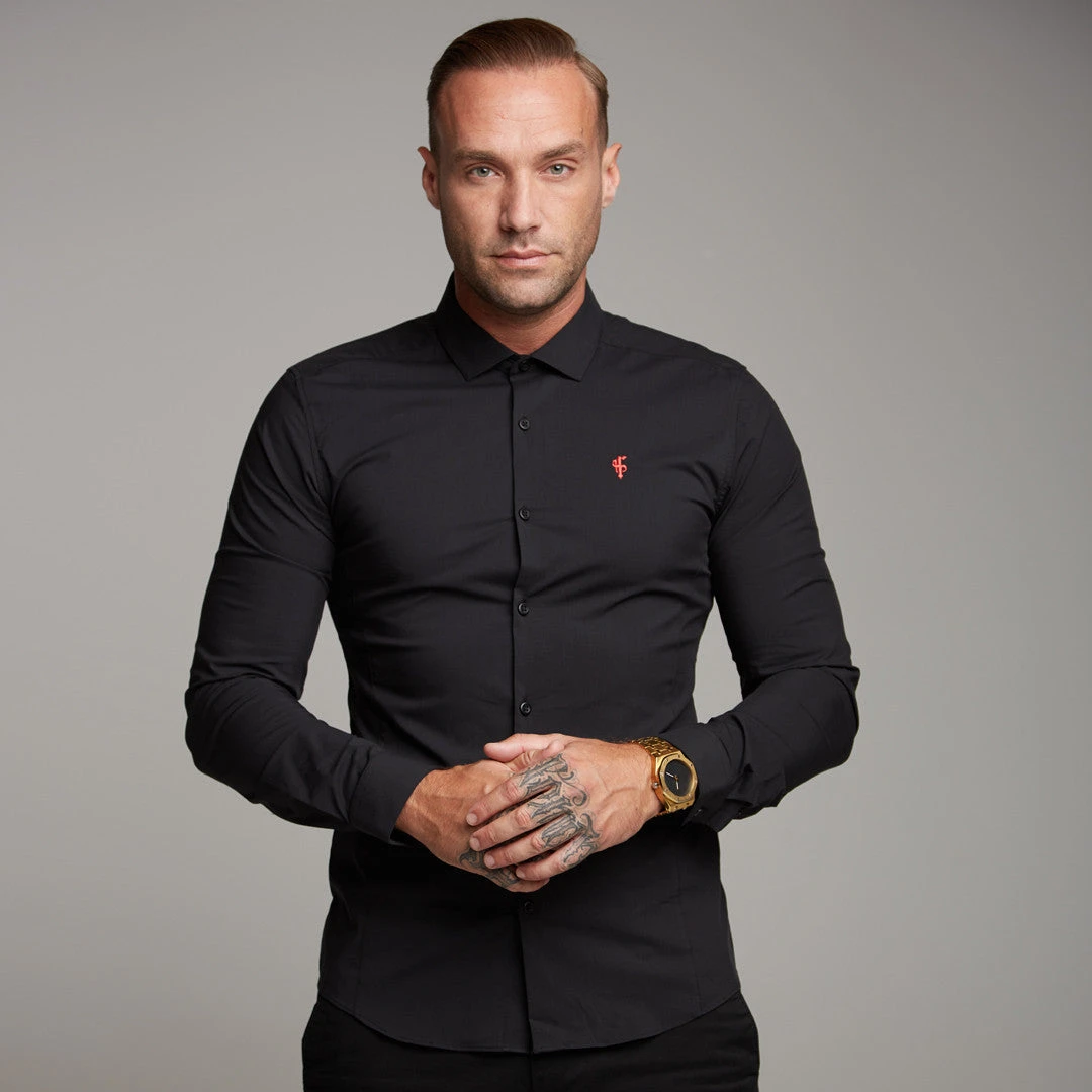 Father Sons Super Slim Stretch Classic Black Panel Shirt (Red Embroidery) - FS320 - Image 6