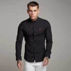 Father Sons Super Slim Stretch Classic Black Panel Shirt (Red Embroidery) - FS320