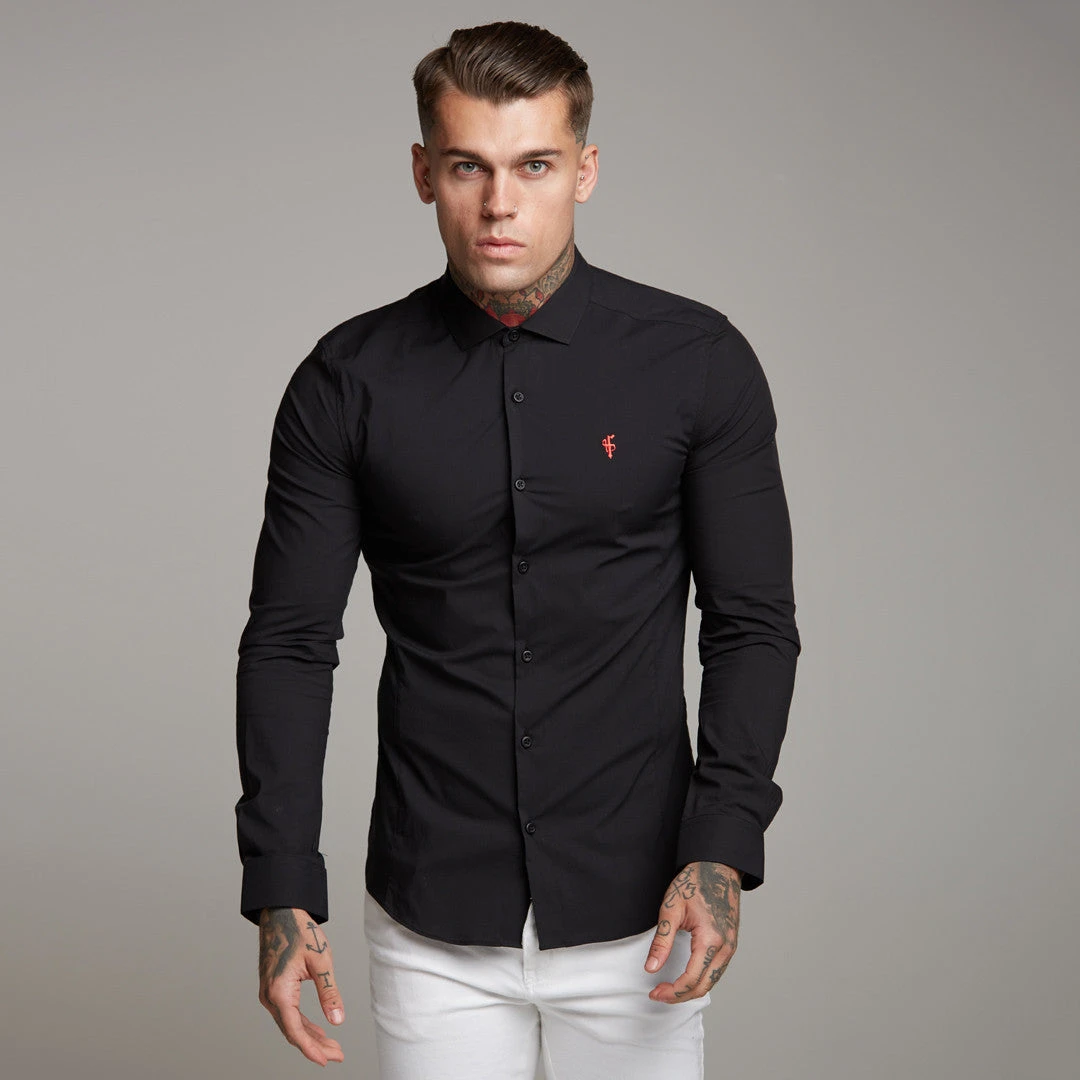 Father Sons Super Slim Stretch Classic Black Panel Shirt (Red Embroidery) - FS320