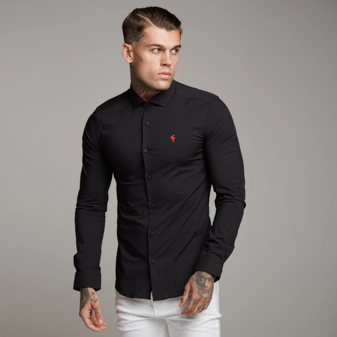 Father Sons Super Slim Stretch Classic Black Panel Shirt (Red Embroidery) - FS320 - Image 3