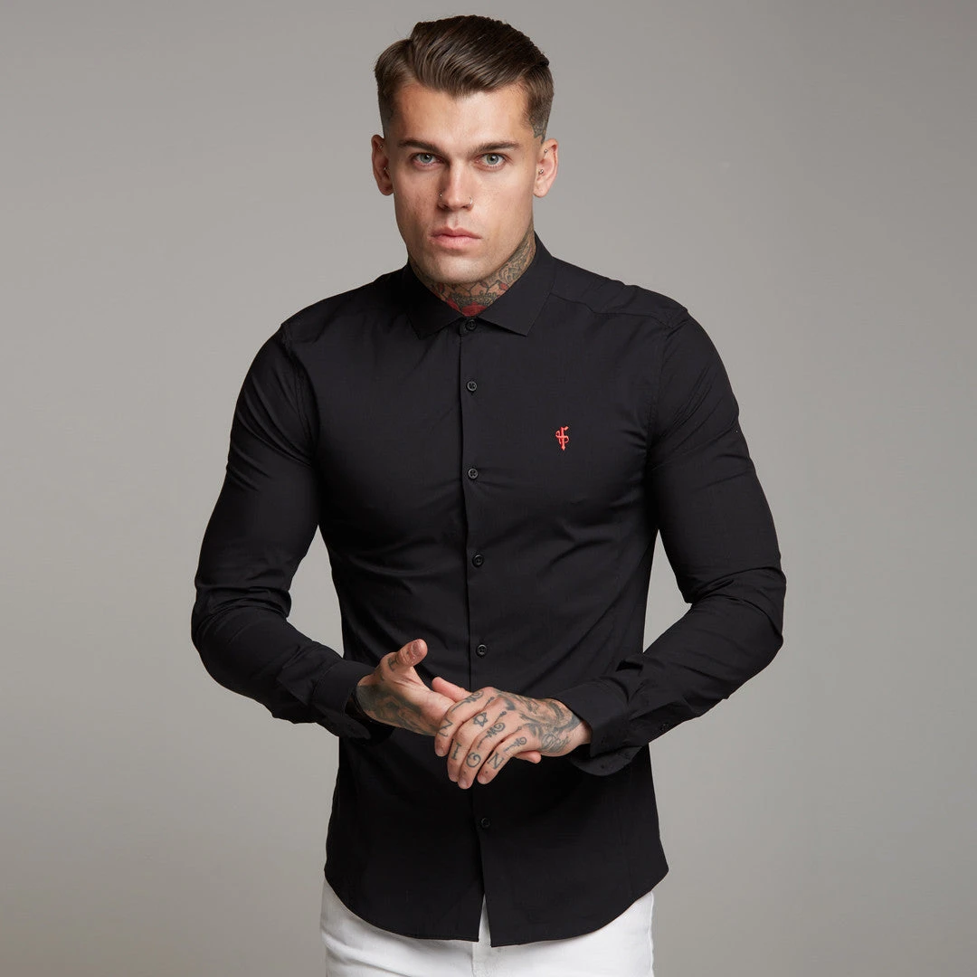 Father Sons Super Slim Stretch Classic Black Panel Shirt (Red Embroidery) - FS320 - Image 2