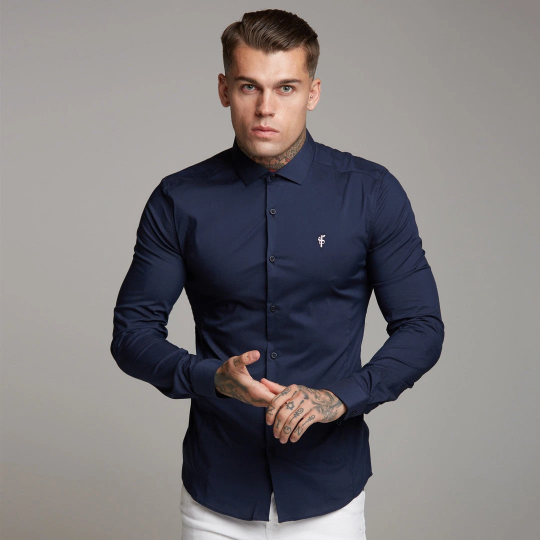 Father Sons Super Slim Stretch Classic Navy Panel Shirt (Pink Embroidery) - FS321
