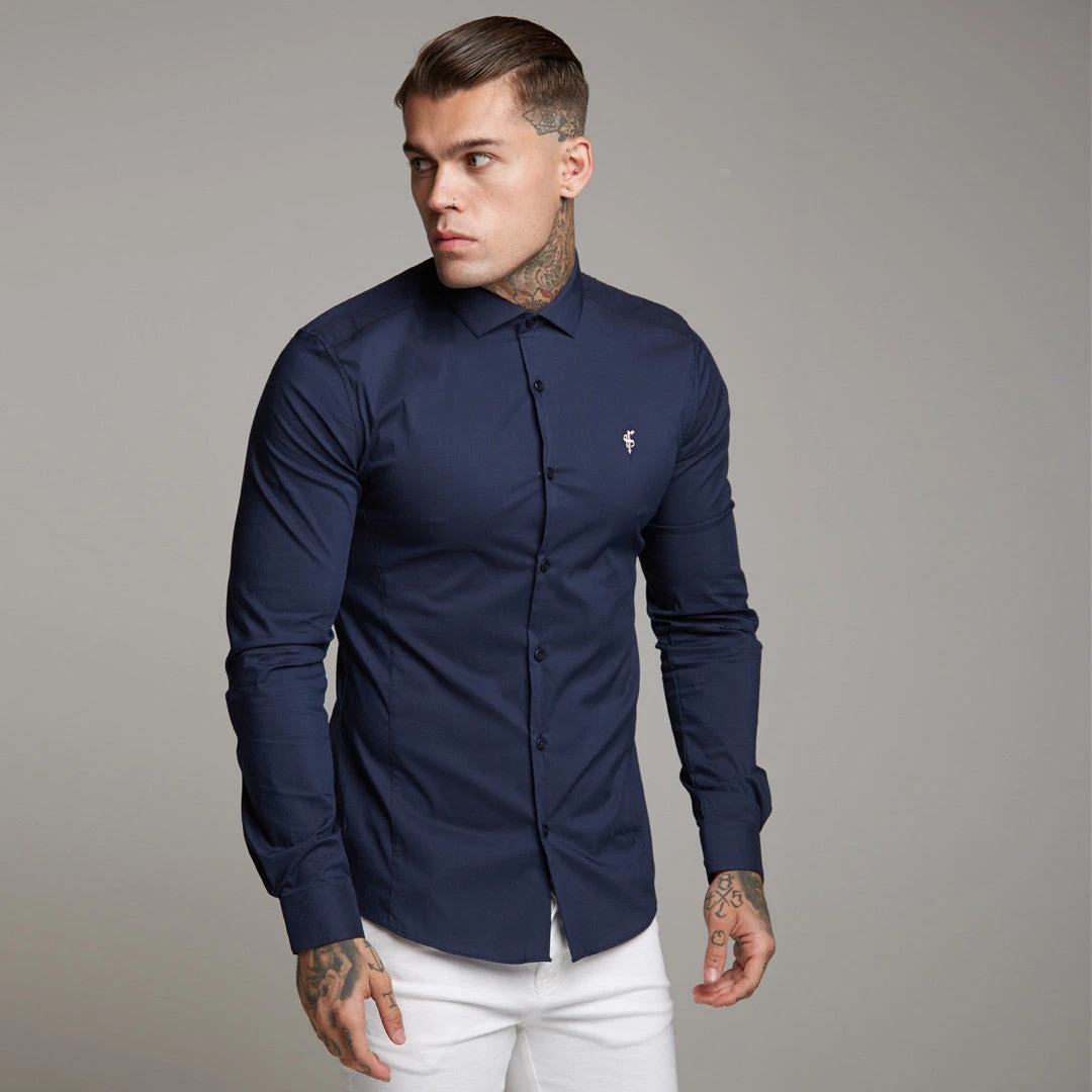 Father Sons Super Slim Stretch Classic Navy Panel Shirt (Pink Embroidery) - FS321 - Image 3