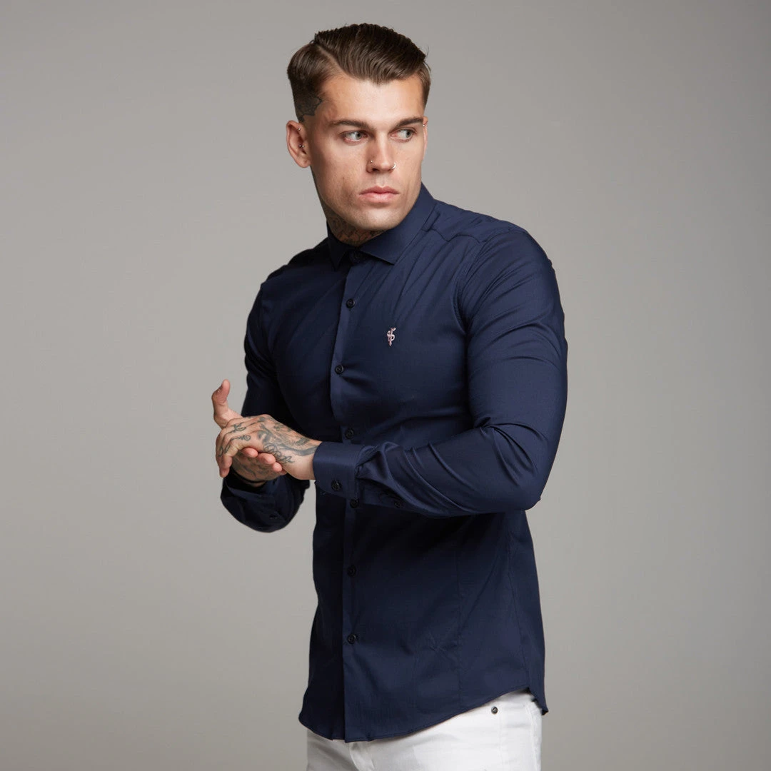 Father Sons Super Slim Stretch Classic Navy Panel Shirt (Pink Embroidery) - FS321 - Image 2