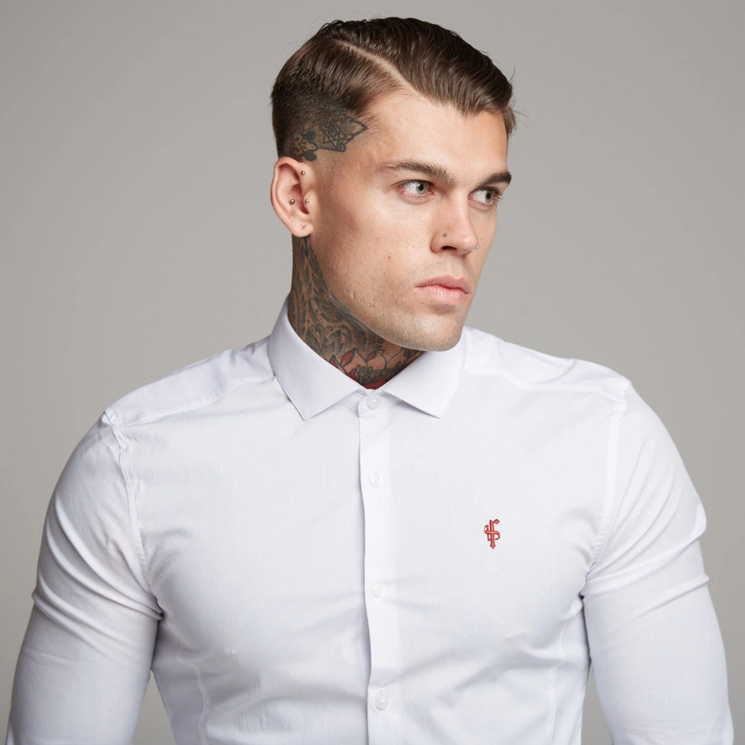 Father Sons Super Slim Stretch Classic White Panel Shirt (Burgundy Embroidery) - FS316 (LAST CHANCE) - Image 5