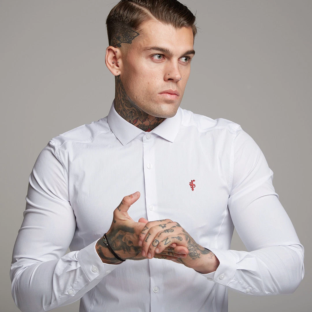 Father Sons Super Slim Stretch Classic White Panel Shirt (Burgundy Embroidery) - FS316 (LAST CHANCE) - Image 6