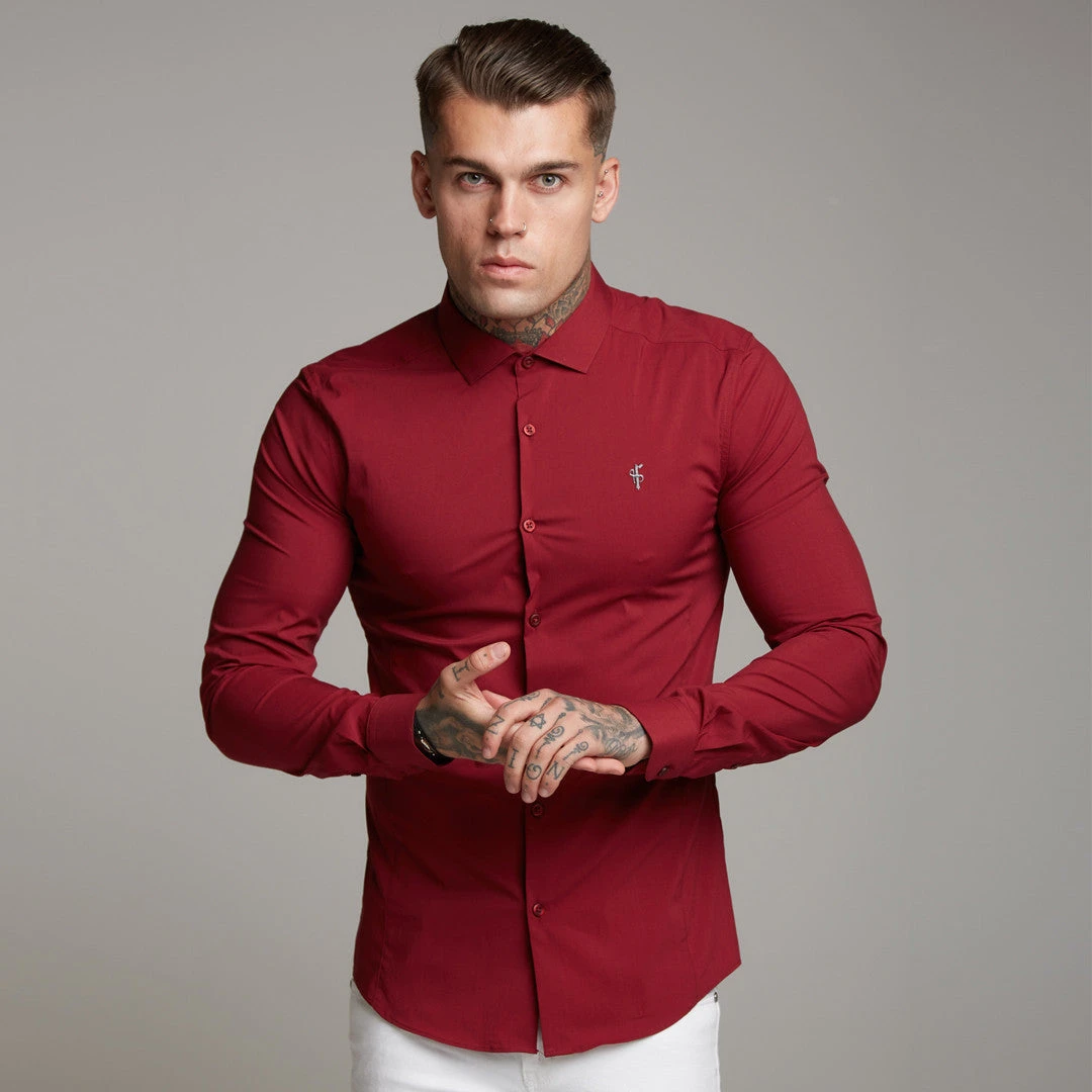 Father Sons Super Slim Stretch Classic Oxblood Panel Shirt (Grey Embroidery) - FS318 - Image 6