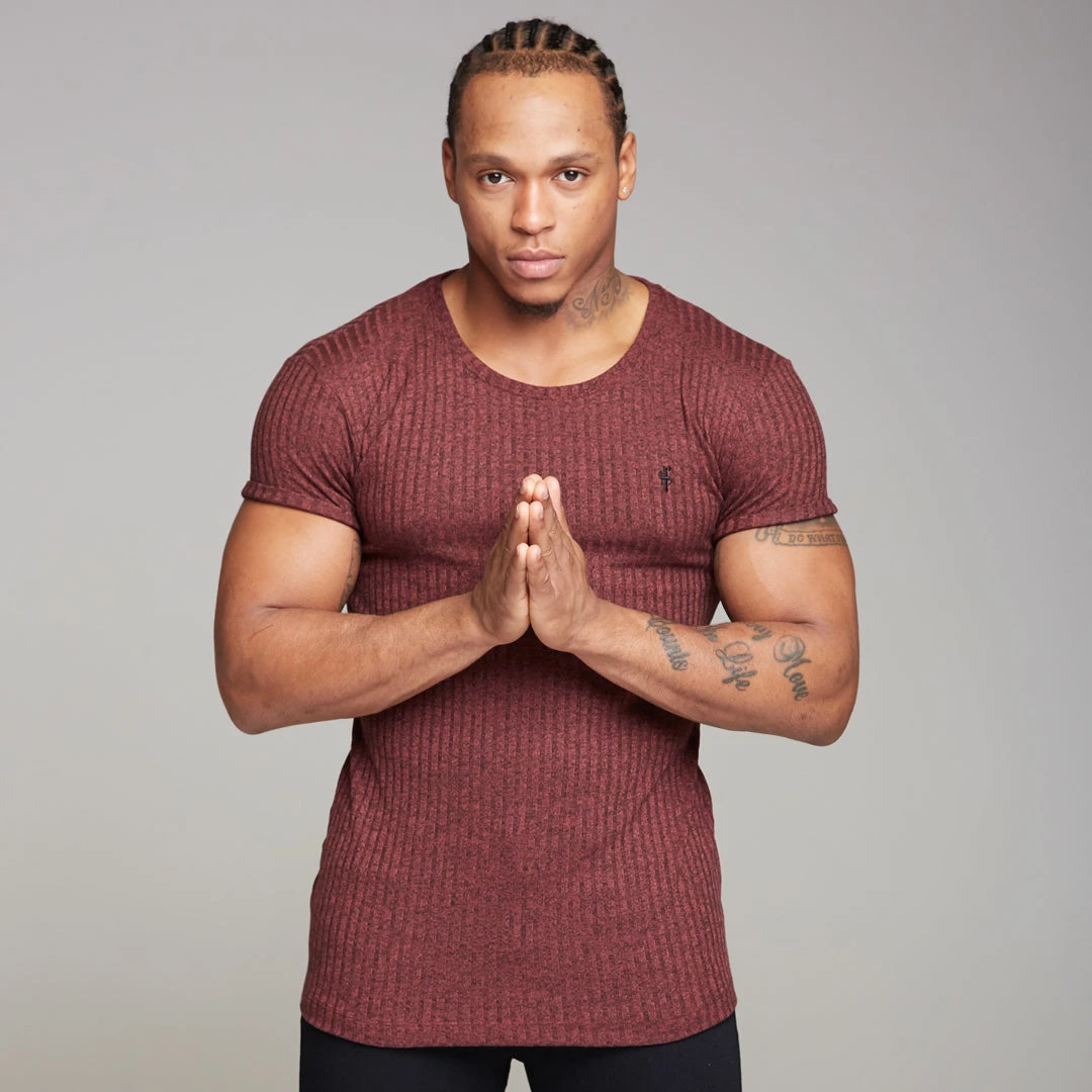 Father Sons Classic Burgundy Ribbed Knit Super Slim Long Line Crew - FSH170 - Image 6