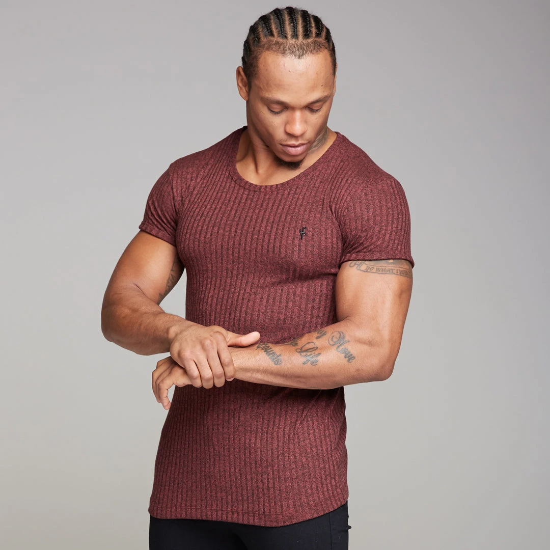 Father Sons Classic Burgundy Ribbed Knit Super Slim Long Line Crew - FSH170 - Image 3