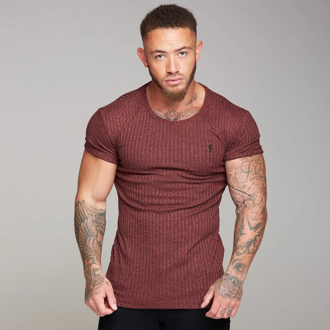 Father Sons Classic Burgundy Ribbed Knit Super Slim Long Line Crew - FSH170 - Image 2